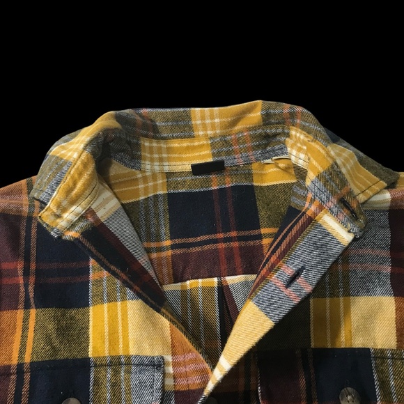 Men’s Plaid Flannel Button-Up Shirt – Yellow Brown Navy Check, Soft Brushed Cott - Picture 6 of 14